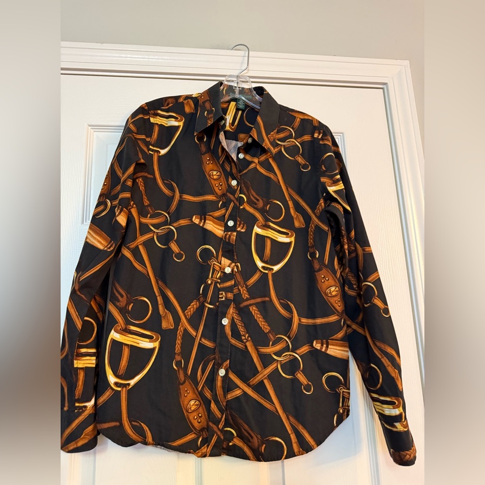 Lauren Jeans and Co. Black Brown Bridle Equestrian Cotton Button Up Shirt Med